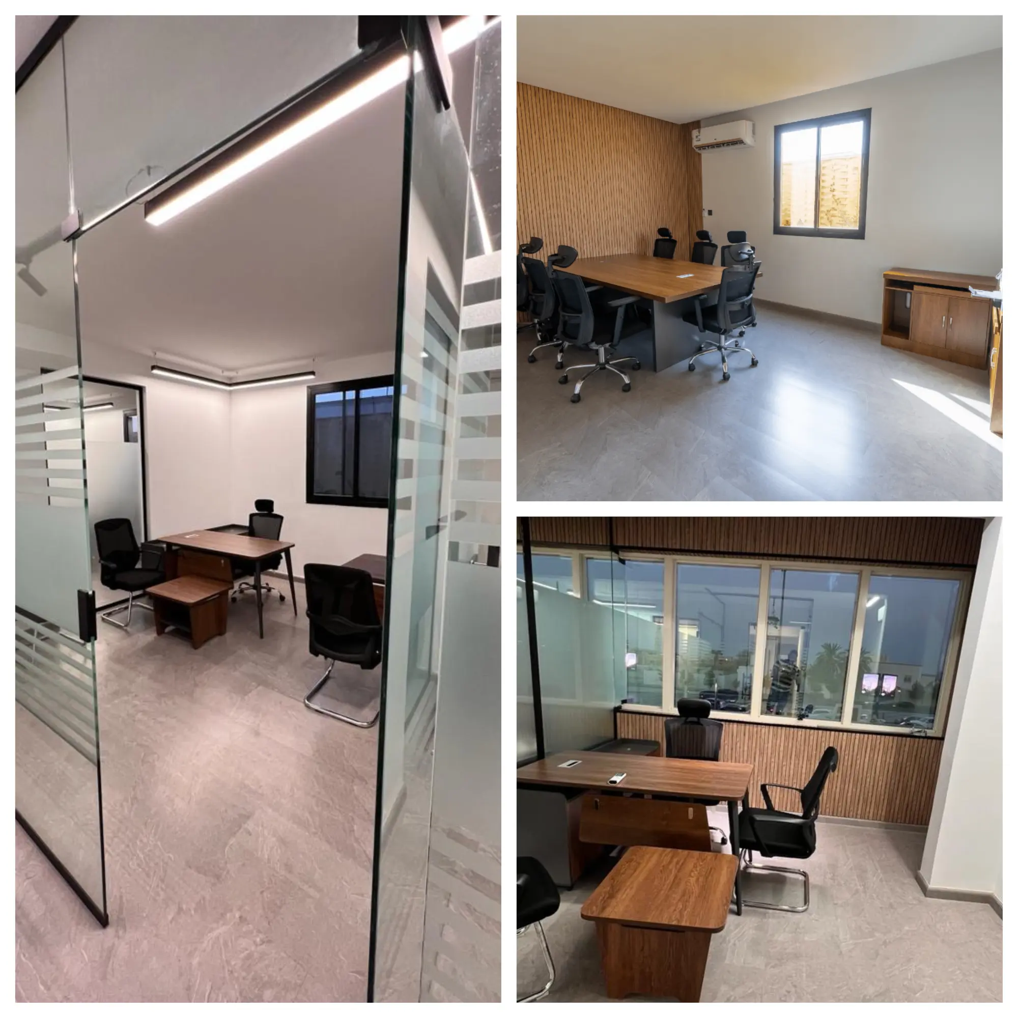 Bright and spacious office featuring glass walls and windows, modern interior design